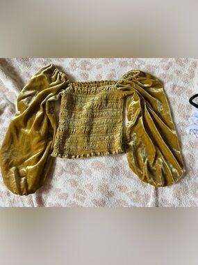 Anthropologie Mustard Velvet Smocked Puff Sleeve Crop Top